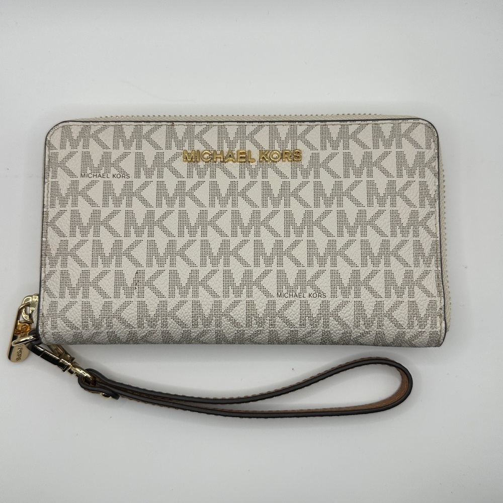 Michael Kors Beige Monogram Wristlet Jet Set Travel Vanilla and Acorn - NWT